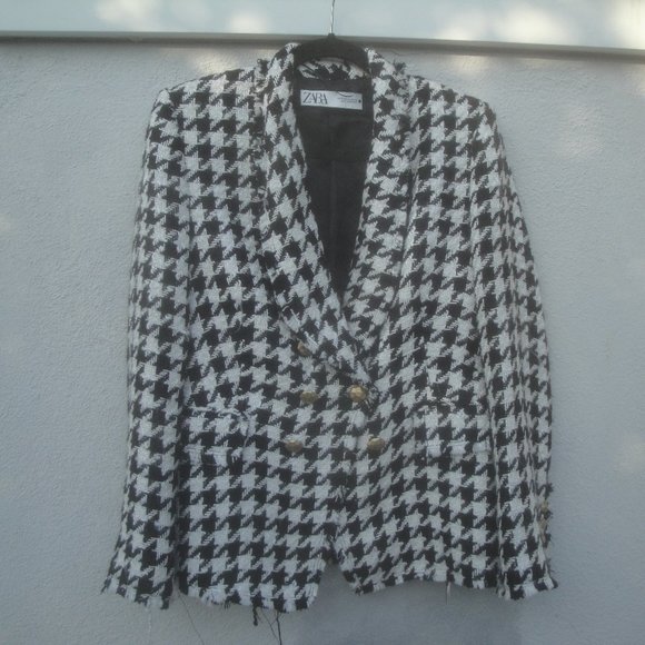 Zara Frayed Houndstooth Check Black-White Plaid Preppy Professional Blazer Large - Picture 4 of 8